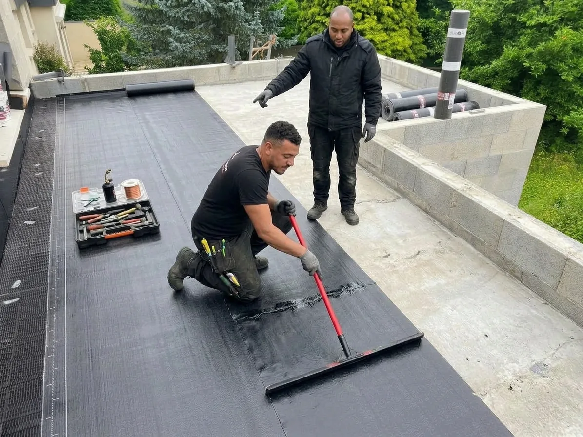 Pose d'une membrane d'étanchéité sur toiture plate, étanchéité toiture