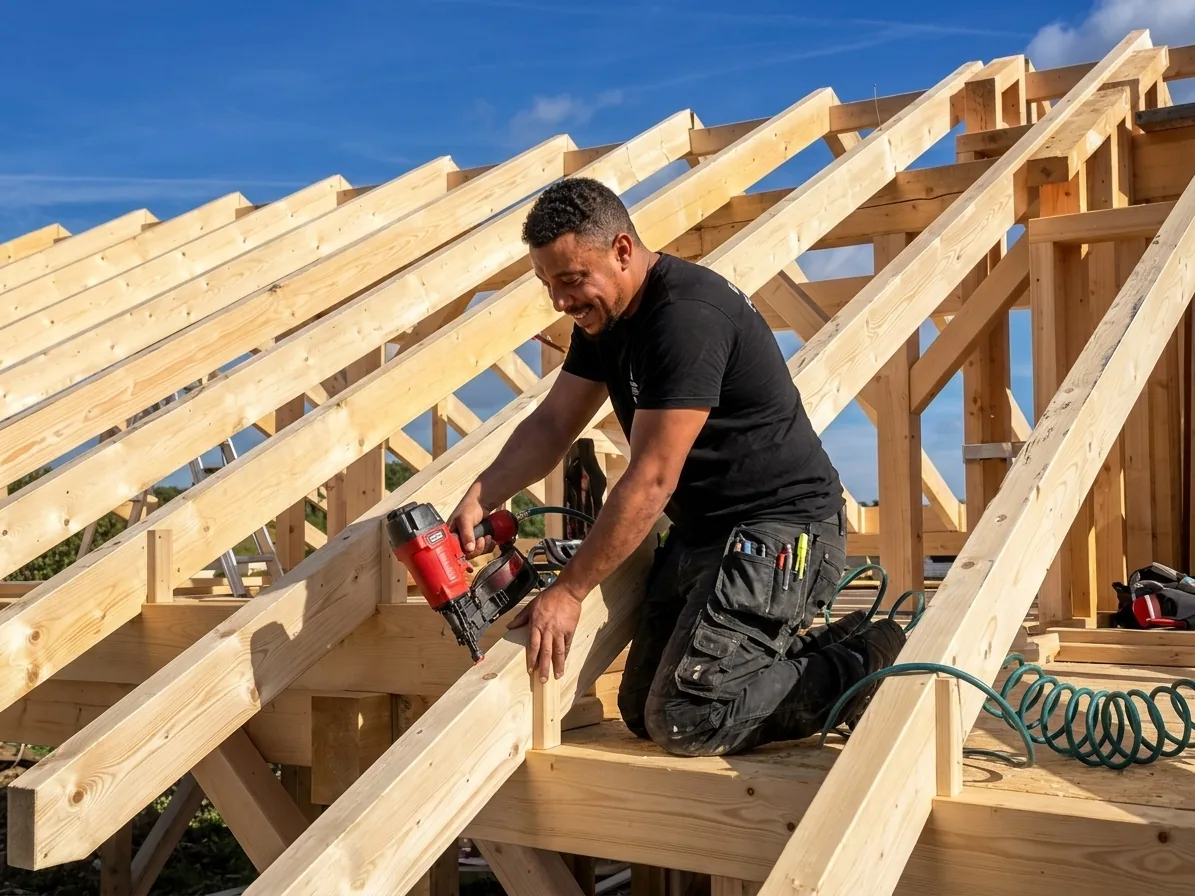 Charpentier sur une charpente en bois, charpente toiture